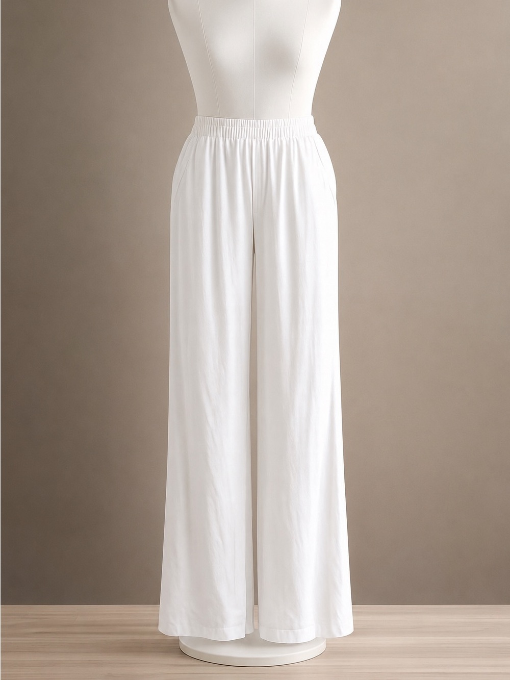 Women's White Elastic-Waist Linen Blend Wide Leg Comfort Pants Chic Size XL Tall